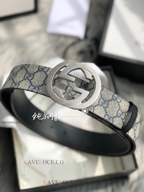 Gucci Leather Belt PVC Brown & Blue Monogram Steel Buckle